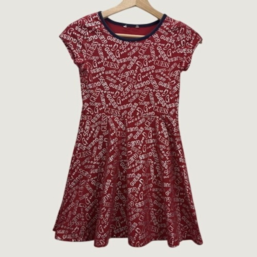 Guess Girls Red White Logo Script Skater Dress Short Sleeve Fit Flare Kids
